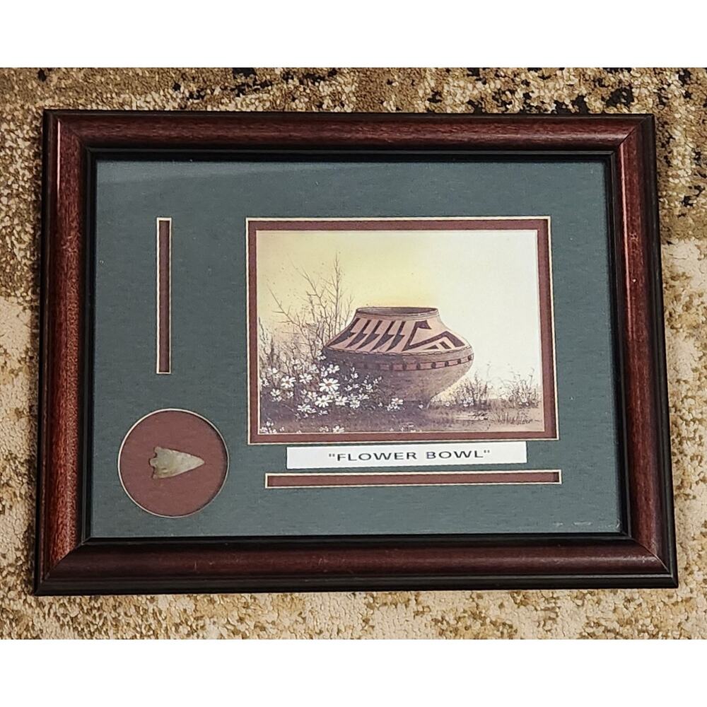 Native American Real Arrow Head and Matted Painting Framed Flower Bowls - Picture 5 of 7